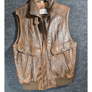 Adam Spencer Mens Leather Vest Brown Quilted Lined Zip Pockets Size M 38-40